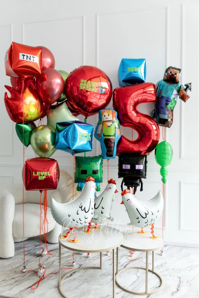 Minecraft Helium Balloon Bouquet with Number and Chicken Balloons