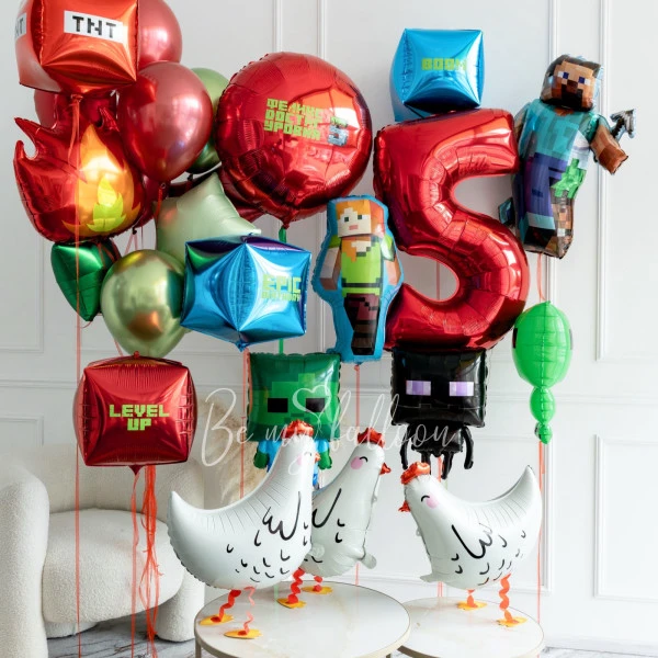 Minecraft Helium Balloon Bouquet with Number and Chicken Balloons