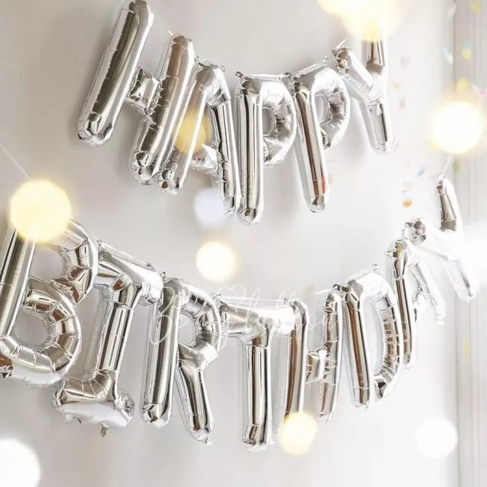 Air-filled foil gloss Silver Happy Birthday balloon garland