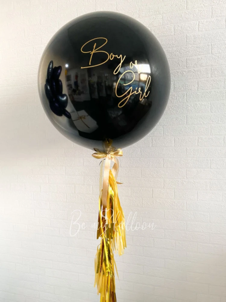 Black gender reveal balloon 36" with confetti or feathers "Boy or Girl?" and gold tassel