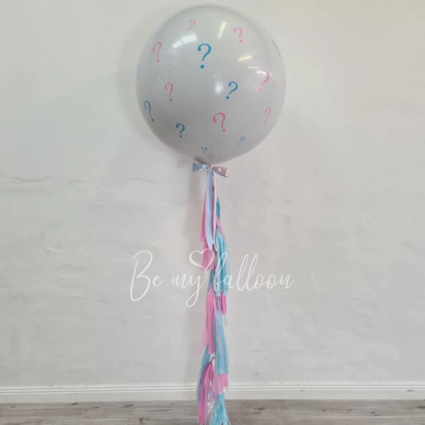 White baby gender reveal balloon 36" with "Questions" confetti or feathers and blue/pink tassel