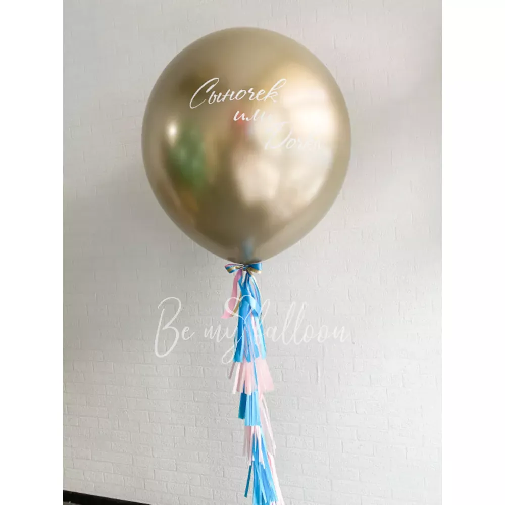 Gold gender reveal balloon 36" with confetti or feathers "Son or Daughter?" and blue/pink tassel