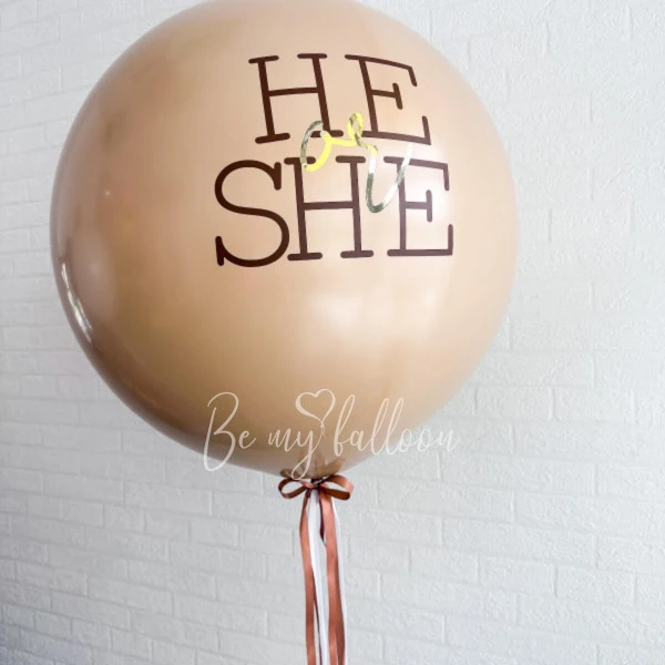 Peach gender reveal balloon 36" with confetti or feathers "He or She?" and satin ribbon